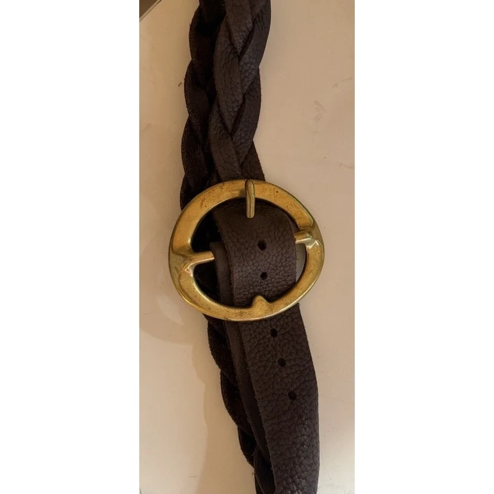 Braided Brown Leather Belt Brass Heart Buckle Size 38 Boho Equestrian Wide